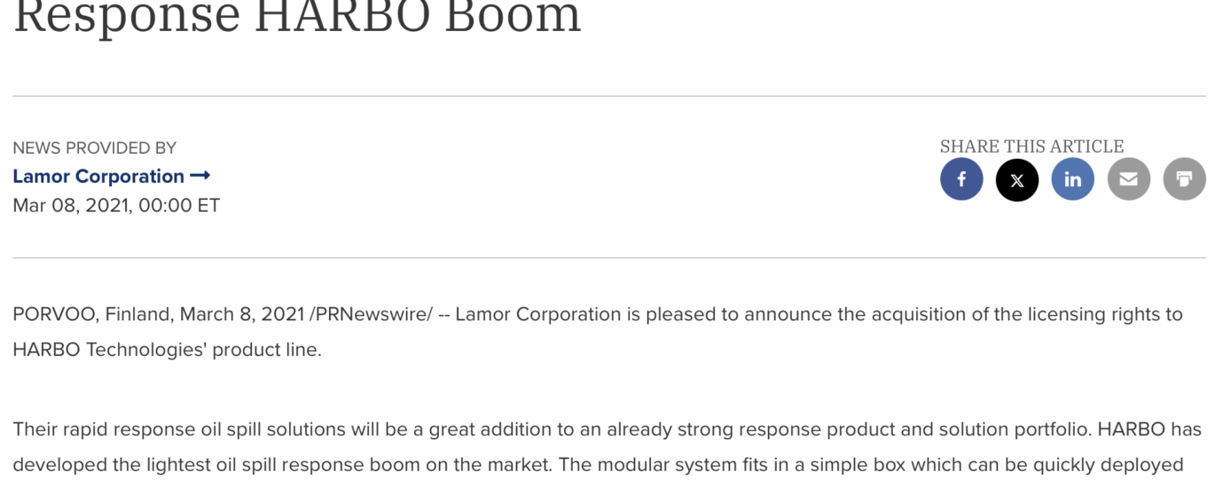 Lamor Corporation Acquires License for Rapid Response HARBO Boom